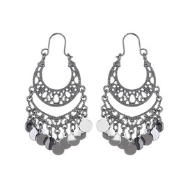 Bohemian Boho Chandelier Dangle Drop Earrings for Women – Lightweight Filigree Gypsy Coin Disc Tassel Charm Hoops – included Gift Box (Hematite)