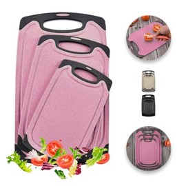 Raganet, Juego de 3 Tablas de Picar de Cocina, 3 Diferentes Medidas con Asas y Base Antideslizantes, Plastico Alta Calidad Libre de BPA, Tablas de Cocina Para Cortar con Ranura para Líquidos (Rosa)