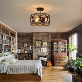 MEIXISUE Semi Flush Mount Modern Farmhouse Ceiling Light Fixtures,3-Lights Black and Retro Wood Finish,Drum Shade Rustic Light Fixtures for Entryway Hallway Foyer Kitchen Dining Room Bedroom