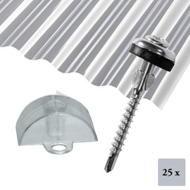 GK Mounting Set of 25 Spengler Set with Drill Bit and Drill Blade + Sine Profile 76/18 Spacer Made of UV-Resistant Plastic for Corrugated Sheets Made of Polyester, PET, PVC, Polycarbonate and Acrylic