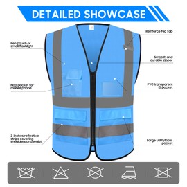 Rhino Hit Reflective Safety Vest for Men Women with 5 Pockets and Zipper Front High Visibility Construction Vest Meets ANSI/ISEA Standards
