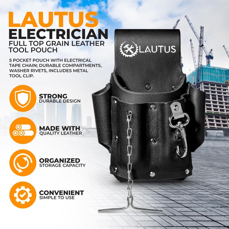 LAUTUS Electrician Full Top Grain Leather Tool Pouch; 5 Pocket