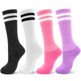 DECOVICI Kids Football Socks for Girls and Boys 4 Pairs, Knee High School Socks for Children, Soft Striped Socks for Junior Age 3-13 Rugby Daily Running Training,(7-13Years，Black+White+Pink+Purple)