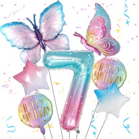 Butterfly Balloons 7th Birthday Decorations for Girls, Gradient Pink Colorful Foil Balloon, Giant Number 7 Foil Mylar Balloon, 7 Years Old Butterfly Theme Birthday Party Supplies Decor