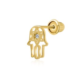 Tiny Petite Judaic Jewelry CZ Accent Real 14K Yellow Gold Hamsa Star Of David Judaic Cartilage Ear Lobe Piercing Stud Earring For Women Teen For Bat Mitzvah Secure Screw Back