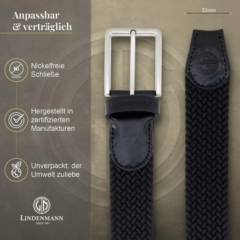 LINDENMANN Men's Stretch Belt Textile Braided Belt for Golf Black,