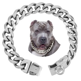 BAOBOTE 19mm Silver Chain Dog Collar, Luxurious Cuban Link Collar with Secure Snap Buckle, for Large Pitbulls (14")