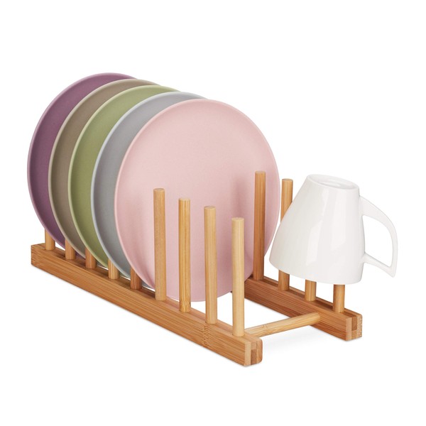 Relaxdays Bamboo Dish Drainer Oblong & Modern Motorhome Plate Holder 8 Chopping Boards Lid & Plate Natural 12 x 34 x 12.5 cm