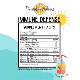 Revitalize Wellness Immune Defense | Orthomolecular Dose of Vitamin A, Vitamin B3, Vitamin C 1000 Mg, Vitamin D3 and Vitamin K2 | Pure, Corn Free, & GMO-Free | Fruit Punch Flavor, 60 Servings