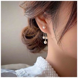 Yheakne Pendientes colgantes de perlas bohemias con perlas doradas, estilo vintage, pendientes de borla de doble vía, para mujeres y niñas
