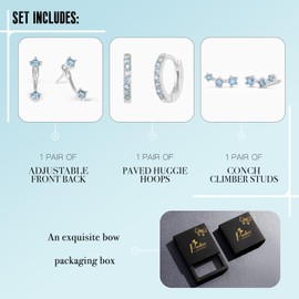 Silver Blue Earrings for Women, Light Blue March Birthstone Earrings Set, Hypoallergenic Blue Huggie Hoop Jacket Earring Stack for Multiple Piercing Trendy Jewelry Gifts