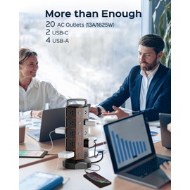 Power Strip Tower Surge Protector 1050J, JACKYLED 20 AC Outlets 6 USB Ports, 13A Desktop Electrical Charging Station, 6.5ft Heavy Duty Extension Cord, for Home, Office, Garage, Black Walnut