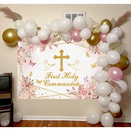 First Holy Communion Backdrop Boho God Bless Backdrop Pink Flower Baptism Photography Background for Christening Baby Shower Party Banner (8x6FT（240x180cm）)