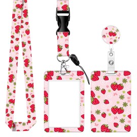 OZVE ID Badge Holder with Retractable Badge Reel Clip and Lanyard, Cute Card Name Tag Lanyard Vertical ID Protector Bage Clips for Nurse Doctor Teacher Student(Cute Pink Strawberry)