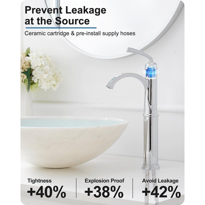HEYMYTAP Tall Waterfall Bathroom Faucet Chrome, Single Handle Brass Vessel