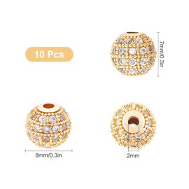 SUNNYCLUE 1 Box 10pcs 8mm Cubic Zirconia Beads Brass Rhinestone Spacer Bead CZ Stones Micro Pave Disco Ball Round Charms For DIY Jewellery Making Bracelets Craft Supplies Golden, BrassZirconia、