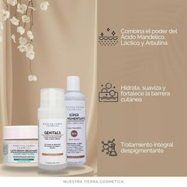 Nuestra Tierra Cosmetica Kit Despigmentante Premium, Loción Facial con Ácido Mandélico, Crema Genitals, Mascarilla Lacto Renew, 3 Piezas