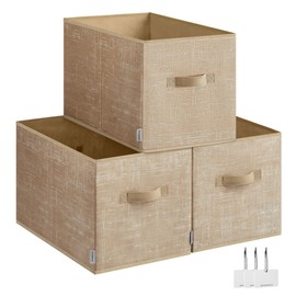 SONGMICS Storage Cubes, 19.7 x 11.8 x 11.8 Inches Non-Woven Fabric Bins with Double Handles, Set of 3, Closet Organizers for Shelves, Foldable, for Clothes, Sand Beige UROB450K01