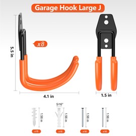 Cpais Garage Hooks,8 Pack 5.5x4.1 Inch J Hooks Utility Steel Wall Mount Heavy Duty Garage Storage Hooks with Anti-Slip Coating Organizer More Yard Garden Power Tools and for Hanging Hose Ladder
