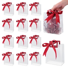 TSAZZZ 12 Pcs Clear Gift Bags With Handles Plastic Frosting PVC Goodie Bags With Red Ribbon Small Gift Bag For Valentines Wedding Birthday Baby Shower Party Red (6.3"*5.5"*2.8")