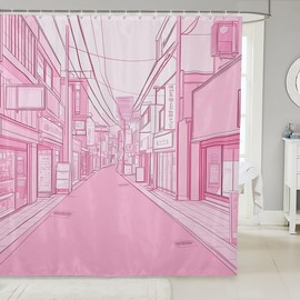 jejeloiu Girls Tokyo Street Shower Curtain 72"x72" Pink Japanese Street Bath Curtain for Boys Teens Traditional Retro Bathroom Shower Curtain Set Waterproof Japanese Ukiyoe Kids Bathroom Accessories