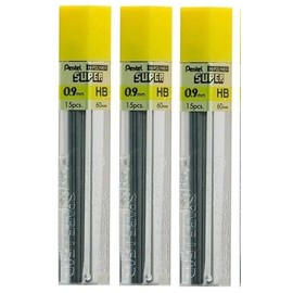 Pentel 0.9mm Size HB Shade Hardness Pencil Refill Replacement Spare Leads Hi Pollymer Super For Automatic & Mechanical Pencils (Pack Of 3 Tubes - 45 Pieces)