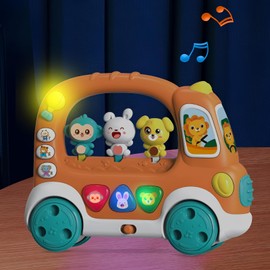 Exrroh Light Up Baby Musical Toys Animal Bus for Babies Toddlers Boys Girls Tummy Time Toys with Music, Learning Toy Christmas Birthday Gifts Interactive Indoor Outdoor for Kids (Animal)