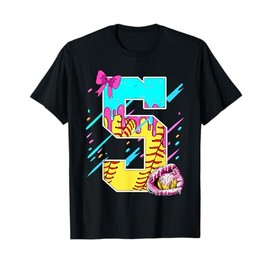 5th Birthday Softball Ice Cream Drip Bow 5 Years Kids Gift T-Shirt
