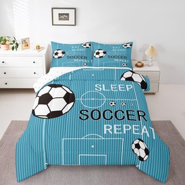 jejeloiu Kids Soccer Comforter Set Full Size Football Comforter Boys Girls Eat Sleep Soccer Ball Pattern Bedding Set Sports Theme Gaming Sports Teal Quilt Set