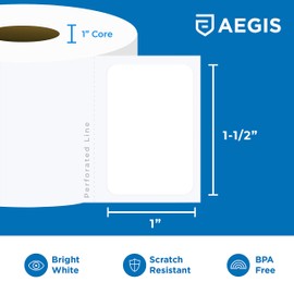 Aegis Adhesives - 1 ½” X 1” Direct Thermal Labels, Perforated & Compatible with Rollo Label Printer & Zebra Desktop Printers (12 Rolls, 1300/Roll)