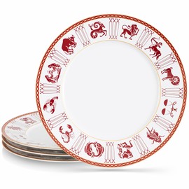 FASTELLONG Ceramic Dinner Plates Set of 4, 10.75 inch Constellation Red Rimmed China Plates for Steak, Salad, Pasta, Scratch Resistant China Plate Set, Microwave Safe Plates for Kitchen, Red