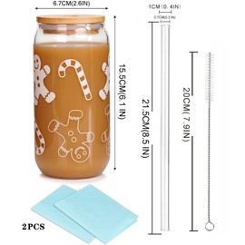 ANOTION Useful White Elephant Gifts for Adults Holiday - New Year Gift 18oz Christmas Coffee Mugs Glass Cups with Lids and Straws Gingerbread Tumbler Drinking Glassware Drinkware Gifts for Women