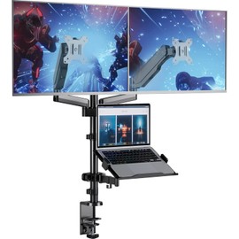 WALI Laptop Mount and Dual Monitor for Max 32" Monitor and 17" Laptop, Adjustable Spring Arm with Tilt, Swivel and Rotation, Dual Monitor and Notebook Stand with VESA 75/100mm(GSDM003LP), Black