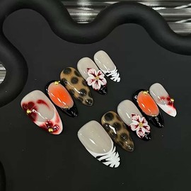 10Pcs Handmade Press On Nails Medium Almond Fake Nails 3D Flower With Gradient Design French Tip False Nail Full Cover Floral Stick On Nail Acrylic Glossy Glue On Nail For Women Manicure(SIZE:M)