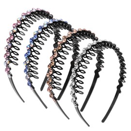 Cutewing Rhinestone Headbands with Teeth Non Slip Tooth Comb Headband Sparkly Crystal Plastic Hairband High Elastic Hair Hoop Hair Accessories for Women Girls with 4PCS