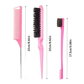 3 Pcs Hair Styling Comb Set, Teasing Hair Brush Rat Tail Comb Edge Brush, Boar Bristle Hair Brush Bristle Brush Grooming Comb for Women Girls（Pink）