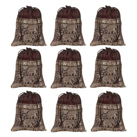 Touchstone Gorgeous Gift Wrapping bags reusable environment friendly Large Drawstring Elephant Pattern Brocade for birthdays, wedding, return present packing set. pack of 9. 7x5 inches