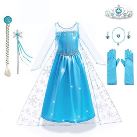 Yigoo Yigoo ELSA Eiskönigin Prinzessin Kostüm Kleid Mädchen Kinder mit elsa kostüm Geschenke Accessoires- Perücke,Zauberstab,Krone,Kopfschmuck 130