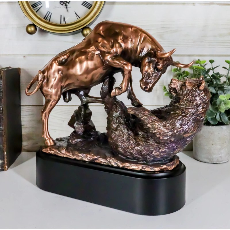 Wall Street Stock Market Charging Bull Trouncing Bear Statue With