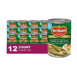 Del Monte Green Beans 12- Pack of French Style Onions, Red Peppers & Garlic Seasoned Canned Vegetables 14.5 oz Can
