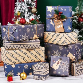 Christmas Wrapping Paper, 12 Sheets Navy Blue Gift Wrapping Paper for Women Female Men, Recycled Brown Kraft Wrapping Paper Set Gift Wrap for Xmas New Year Winter Birthday Holiday Party, 50x70CM