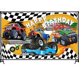 6X3.6FT Monster Truck Birthday Party Backdrop,Truck Themed Birthday Party Supplies,Boys Kids Happy Birthday Background Photography Party Decorations (zhuti-08)