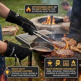 Fire Heat Resistant Gloves – 14 Inch 932°F Fireproof Leather Fireplace & BBQ Gloves for Grill, Oven, Wood Stove, Campfire, Welding (MIG/TIG), Furnace, Baking – Heavy-Duty Heat Protection, XL