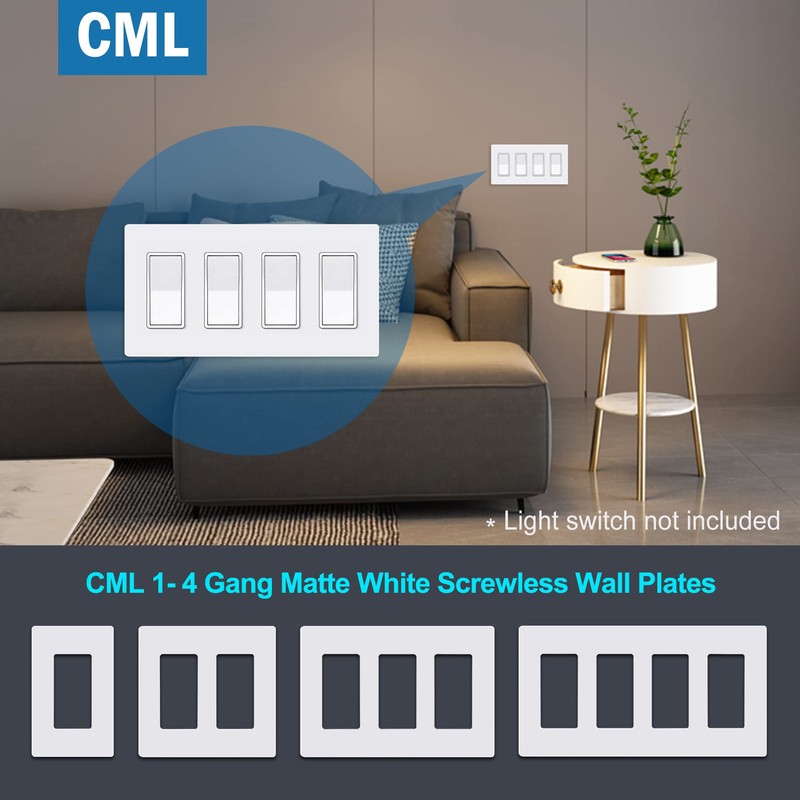 CML 4-Gang Matte White Decorator Screwless Wall Plates, 4 Pack