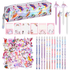 Unicorn Stationery Set for Girls, Cute Stationery School Supplies Includes Unicorn Pencil Case, Sticky Notes, HB Pencils, Gel pens, Stickers, Gift for Kids Students