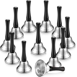12 Pieces Metal Hand Bells Call Bell Service Hand Bells Black Wooden Handle Handbells Metal Handbells Musical Percussion for Schools (Silver)