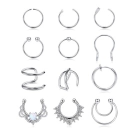 ORAZIO 12Pcs Fake Nose Rings Hoop Stainless Steel Faux Septum Piercing Clip On Nose Septum Ring Faux Non-Pierced Nose Rings Earrings Jewelry