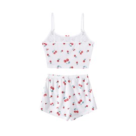 Hilinker Women's 2 Piece Fruit Pajama Set Ribbed Cami Top and Shorts Sleepwear Cute Pjs White Cherry Small