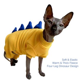 Four Leg Dinosaur Sphynx Cat Clothes Pjamas Hairless Cat Warm Polar Fleece Jumpsuit Elastic Pet Clothes for Sphynx Cat Surgery Recovery Suit Hairless Cat Shirt for Devon, Cornish (Yellow, X-Large)