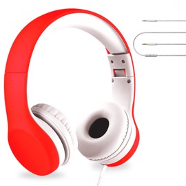 LilGadgets Connect+ Wired Kids Headphones for School with Microphone, Volume Limiting & Noise Cancelling On-Ear Headset with Cord, SharePort Technology & SoftTouch Padding, Red